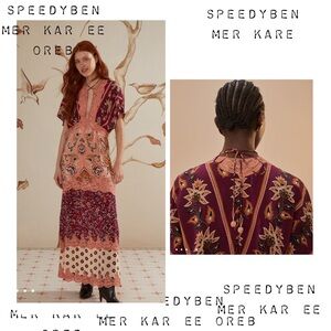 FARM RIO Glam Tapestry Burgundy Laces Short Sleeve Maxi Dress